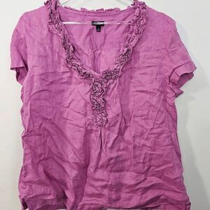 Talbots 100% Linen Short Sleeve Ruffle detail collar Top Shirt Womens Purple Siz